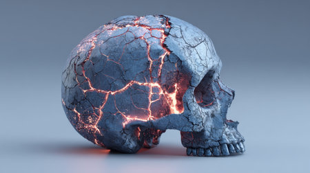 This striking 3D art piece features a cracked skull with glowing lava textures, symbolizing themes of life and death in an exquisite and imaginative way.の素材