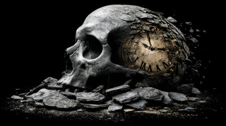 A striking image of a cracked skull intertwined with a clock, representing the duality of time and life. This artwork captures the essence of mortality in a powerful, thought-provoking manner.の素材