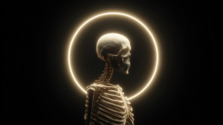 This captivating image features a human skeleton illuminated by a soft halo glow, creating a striking contrast against a dark background, ideal for artistic and educational projects.の素材