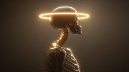 3D rendered illustration featuring a human skeleton in profile illuminated by a glowing halo, exploring themes of life and mortality against a dark backdrop, perfect for creative projects.の素材