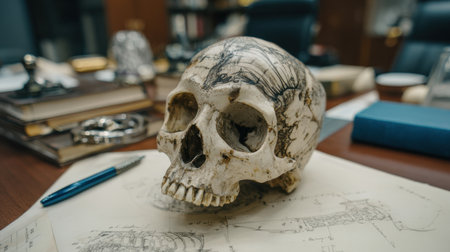 A detailed skull model set on a workspace, surrounded by books and sketches, evoking themes of education and exploration in science and creativity.の素材