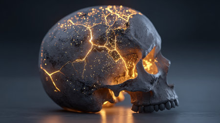 This striking image showcases a cracked skull illuminated with glowing light effects, creating a captivating blend of artistry and mystery against a dark backdrop.の素材