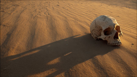 A skull rests on the sandy desert floor, illuminated by the warm sunlight, casting long shadows that evoke themes of life, death, and the passage of time in a stark desert environment.の素材