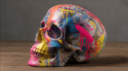 This image features a vividly painted skull surrounded by splashes of bright colors, ideal for creative designs, modern art displays, and unique decor projects.の素材