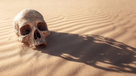 A human skull lies on the sandy surface of a desert, casting a long shadow. This striking image captures the essence of survival and decay in a serene, yet eerie landscape.の素材