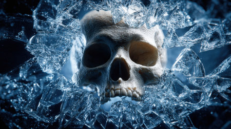 A striking image of a human skull amidst broken glass shards, bathed in dramatic lighting. The artwork evokes feelings of mystery and fragility, perfect for creative projects.の素材