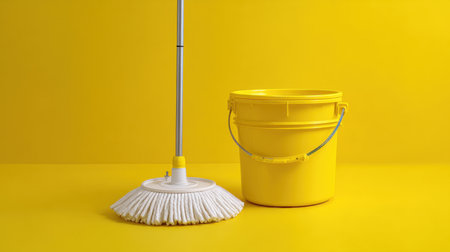 Bright yellow mop and bucket set on a vibrant yellow surface, symbolizing cleanliness and household maintenance for various cleaning concepts and routines.の素材