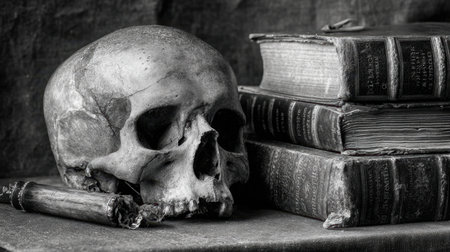 This captivating black and white still life features a human skull and antique books, creating a powerful composition that reflects themes of mortality and the pursuit of knowledge.の素材