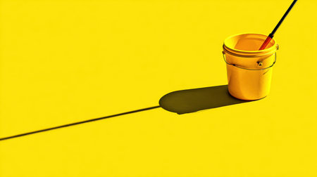 A vibrant yellow paint bucket with a brush sits against a matching backdrop, casting a distinct shadow that enhances the visual impact, ideal for artistic and design projects.の素材