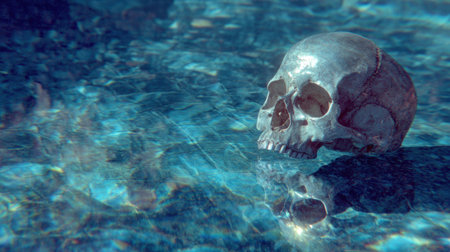 A haunting image of a human skull floating in turquoise water, capturing reflections and textures that invite exploration of themes like life, death, and mystery.の素材