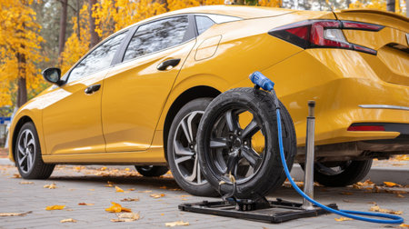 A bright yellow sedan with a flat tire is seen next to a tire pump in a vibrant autumn park, showcasing the contrast of the vehicle against the beautiful fall foliage.の素材