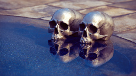 This captivating image features two silver skulls resting on a stone surface, surrounded by water that reflects their eerie beauty. Ideal for artistic concepts and visual storytelling.の素材