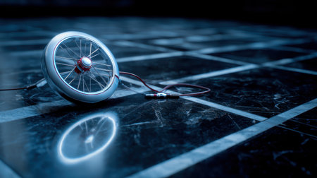 A chic bicycle wheel with a cable lies on a polished black marble floor, creating striking reflections and showcasing a fusion of modern design and artistic elegance.の素材