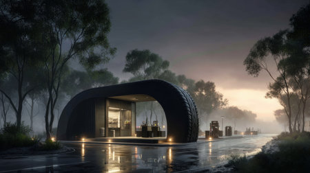 A modern eco-friendly structure blends with a misty landscape at dusk, highlighting innovative design and tranquility in a serene environment, ideal for sustainable architecture enthusiasts.の素材