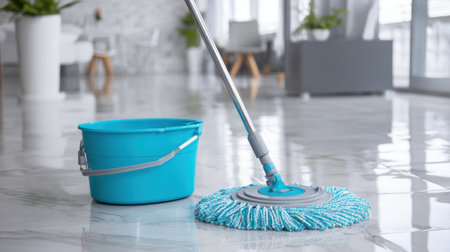 This image features a bright blue mop and bucket, showcasing essential tools for achieving sparkling clean floors in modern homes, emphasizing hygiene and organization.の素材