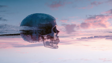 A mesmerizing crystal skull appears to float above calm waters, reflecting a stunning dusk sky, evoking a sense of mystery and surreal beauty in a dreamlike landscape.の素材