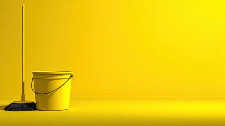 A striking visual of yellow cleaning supplies featuring a mop and a bucket against a bold yellow backdrop, conveying freshness, cleanliness, and vibrant energy in interior spaces.の素材