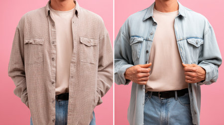 A fashionable man poses in two distinct shirt styles against a soft pink background, highlighting casual wardrobe options perfect for various occasions and showcasing modern aesthetics.の素材