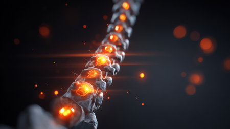 Stunning digital representation of a human spine with glowing elements. This image symbolizes health, energy, and the intricate structures within the human body.の素材