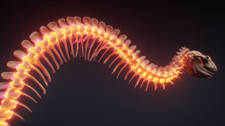 3D rendering of a glowing human skeleton structure featuring a skull and vertebrae, showcasing neon light effects. Ideal for educational and artistic projects or visual studies.の素材