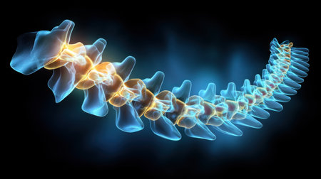 Detailed 3D illustration showing human spine with highlighted lumbar region, suitable for educational and medical use, emphasizing anatomy and health concepts.の素材