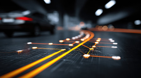 Glowing digital road network illustration with lights and lines, emphasizing the blend of technology and transportation in a modern urban setting. Ideal for tech and transport themes.の素材