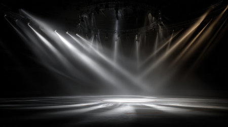 Captivating scene of a dark ice rink illuminated by dramatic stage lights, creating stunning beams and shadows perfect for artistic or event-based photography needs.の素材