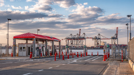 A shipping terminal features a security checkpoint with red barriers and cranes operating in the background. The scene captures the essence of maritime logistics and industrial efficiency.の素材