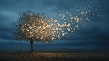 A whimsical tree surrounded by floating pages and glowing lights creates a magical scene under an expressive sky, symbolizing the union of nature and imagination.の素材