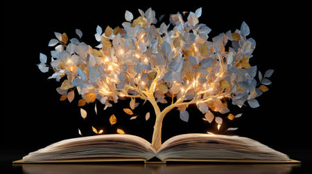 A captivating scene featuring a shimmering tree with glowing leaves emerging from an open book, representing the connection between knowledge and creativity.の素材