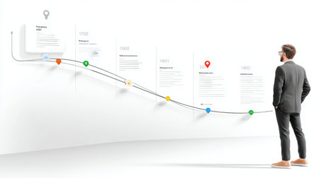 A businessman in a formal suit studies a wall display showcasing data trends over time, with colorful icons highlighting key metrics and historical milestones in business development.の素材
