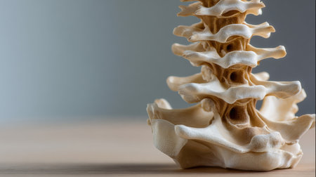 This image features a highly detailed model of the human spine, showcasing the vertebrae and their natural curvature, ideal for teaching and research in anatomy and health care.の素材