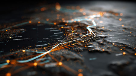 Explore a high-tech map showcasing neon routes and illuminated nodes, symbolizing connectivity and digital navigation in urban environments and advanced technology.の素材