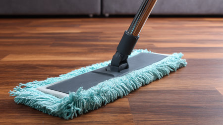 Close-up of a mop with a microfiber head on a polished wooden floor, showcasing an effective cleaning technique for maintaining hygiene and shine in a household environment.の素材