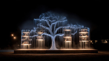 Majestic tree-shaped fountain with sparkling water cascading down at night, creating a serene and atmospheric urban landscape that invites relaxation and wonder.の素材
