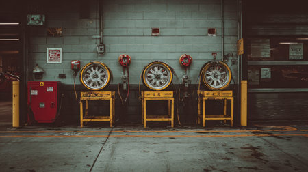 An industrial garage features three yellow tire racks holding wheels, backed by red fire extinguishers, showcasing a modern automotive repair environment.の素材