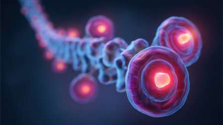 Stunning visual of a molecular structure featuring glowing cells that highlights the complex beauty of cellular biology and the fabric of life in a microscopic realm.の素材