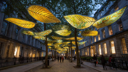 A vibrant urban street adorned with enchanting leaf-shaped lights creates a magical atmosphere at dusk, inviting pedestrians to explore its artistic beauty and glow.の素材