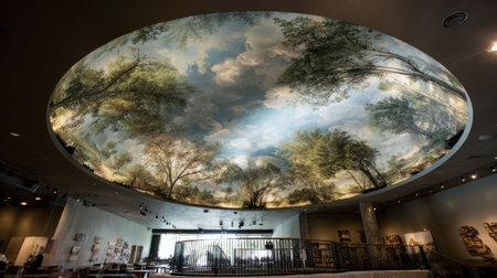 Captivating ceiling mural showcases a tranquil landscape featuring lush trees and a bright sky, creating a serene and inviting atmosphere in a modern interior space.の素材