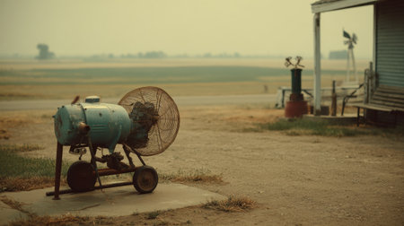 Capturing a nostalgic moment, this image showcases an old blue fan set against a serene rural backdrop, emphasizing the simplicity of farm life and vast outdoor landscapes.の素材