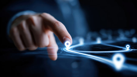 A business professional interacts with a futuristic digital display, emphasizing technology and connectivity through illuminated trails and markers.の素材