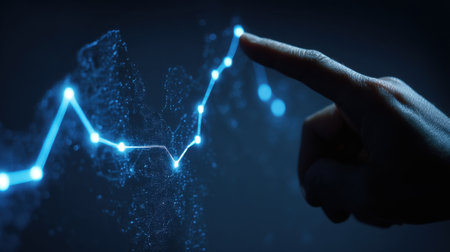 A hand reaching out to touch a glowing digital graph that represents growth and data analysis. This image symbolizes technology and innovation in business and finance.の素材