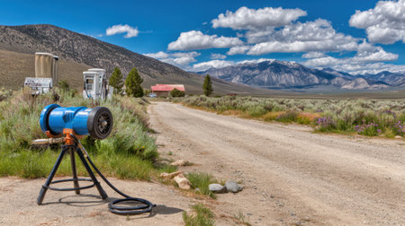 A striking view of a blue turbine placed on a dusty road surrounded by vibrant greenery, set against majestic mountains and a bright blue sky filled with fluffy clouds.の素材