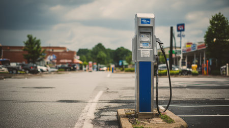 A vintage electric vehicle charging station stands alone on a quiet street, under a dramatic overcast sky, highlighting advancements in urban infrastructure for eco-friendly transportation.の素材