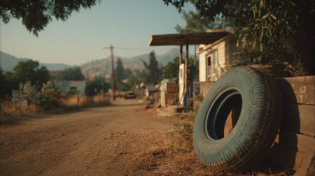 A rustic roadside scene featuring a blue tire resting by a dusty pathway, with a vintage gas station and lush trees creating a tranquil rural atmosphere.の素材