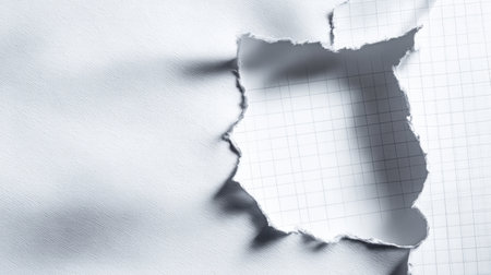 Close-up view of torn paper revealing a grid background, creating an interesting contrast that inspires creativity and visual exploration for design projects and artistic endeavors.の素材