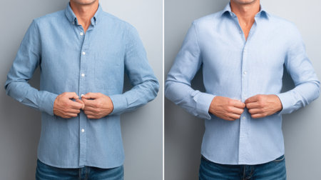 This image features two shirts worn by a man, showcasing both casual and formal styles, perfect for any occasion and highlighting modern fashion in men's apparel.の素材