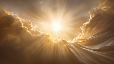 A breathtaking view of golden sunlight breaking through soft clouds, creating an atmosphere of serenity and inspiration, perfect for nature-themed projects or spiritual visuals.の素材