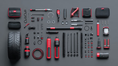 A visually striking flat lay arrangement of various automotive tools and accessories, featuring red and black elements, perfect for mechanics, DIY projects, and automotive enthusiasts.の素材