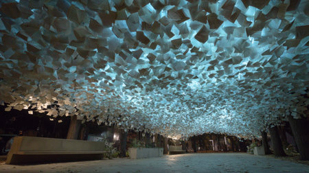 A mesmerizing outdoor scene featuring a canopy made of illuminated pages, providing a dreamlike atmosphere perfect for artistic exploration and inspiring creativity.の素材